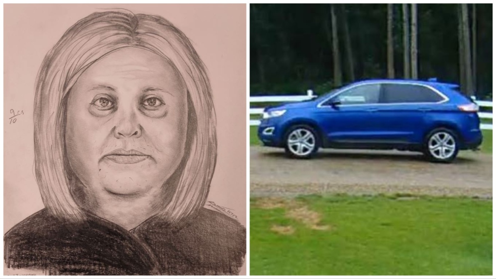 A sketch of a suspect and a photo of her vehicle in an attempted abduction case in the Pigeon Lake, Alta area on July 26, 2023. (Credit: RCMP)