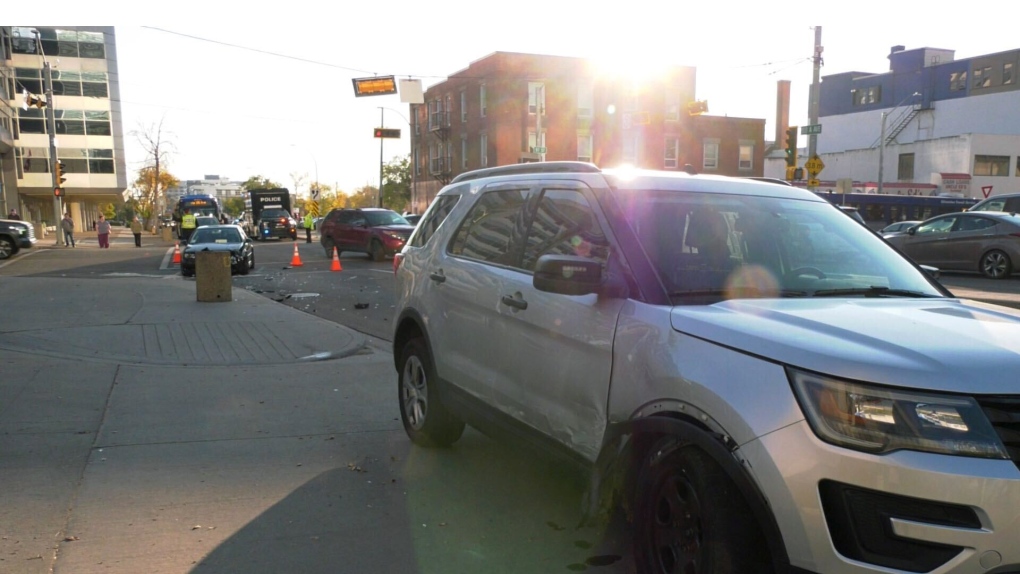 An unmarked police SUV and a small black car were involved in a crash on Sept. 21, 2023. (Evan Klippenstein/CTV News Edmonton)