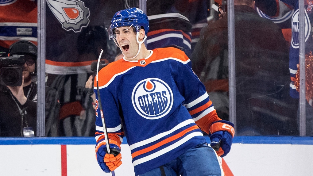 Edmonton Oilers defenceman Evan Bouchard celebrates his goal against the Los Angeles Kings during NHL playoff action on April 17, 2023, at Rogers Place. (Jason Franson/The Canadian Press)