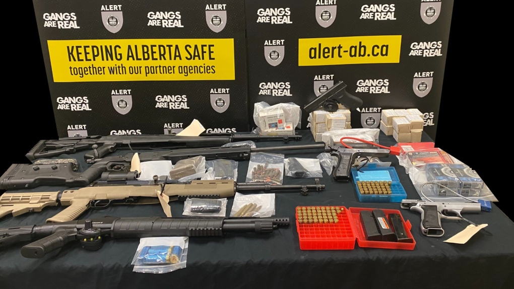 Investigators seized three handguns, a bolt action rifle, a semi-automatic rifle, a shotgun, the ammunition, an expired possession and acquisition (PAL) licence, and various gun cases and magazines, seen in this undated photo, in a Fort McMurray man's apartment, police announced in September 2023. (Source: ALERT)