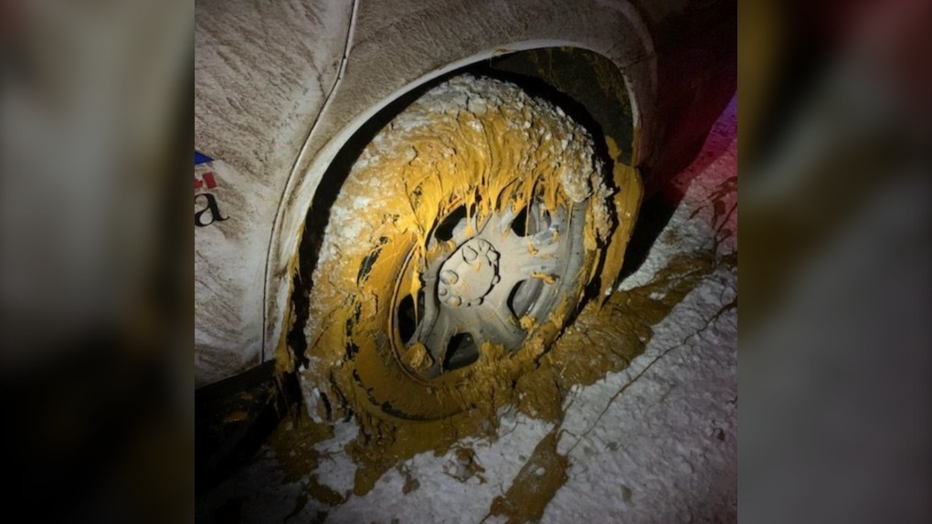 A spill of oilfield material on Highways 20 and 39 in Brazeau and Leduc counties on Jan. 25, 2024, caused damage to the vehicles that drove through it. (Provided by RCMP.)