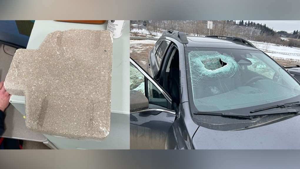 A concrete slab was thrown from an overpass onto Whitemud Drive on Feb. 10, 2024, hitting a Subaru. (Credit: Edmonton Police Service)