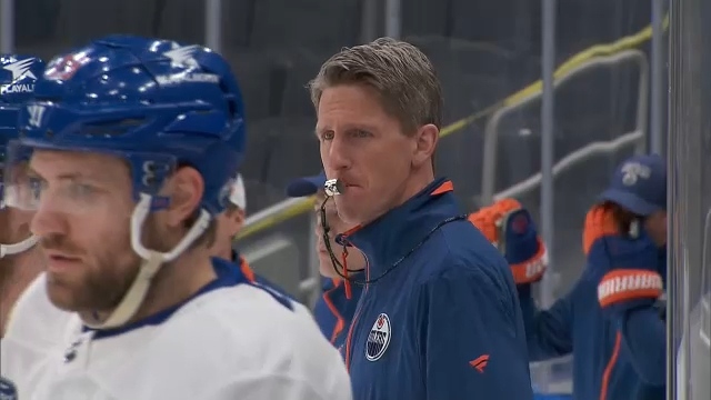 Edmonton Oilers head coach Kris Knoblauch during team practice on Feb. 12, 2024, at Rogers Place (Credit: TSN)