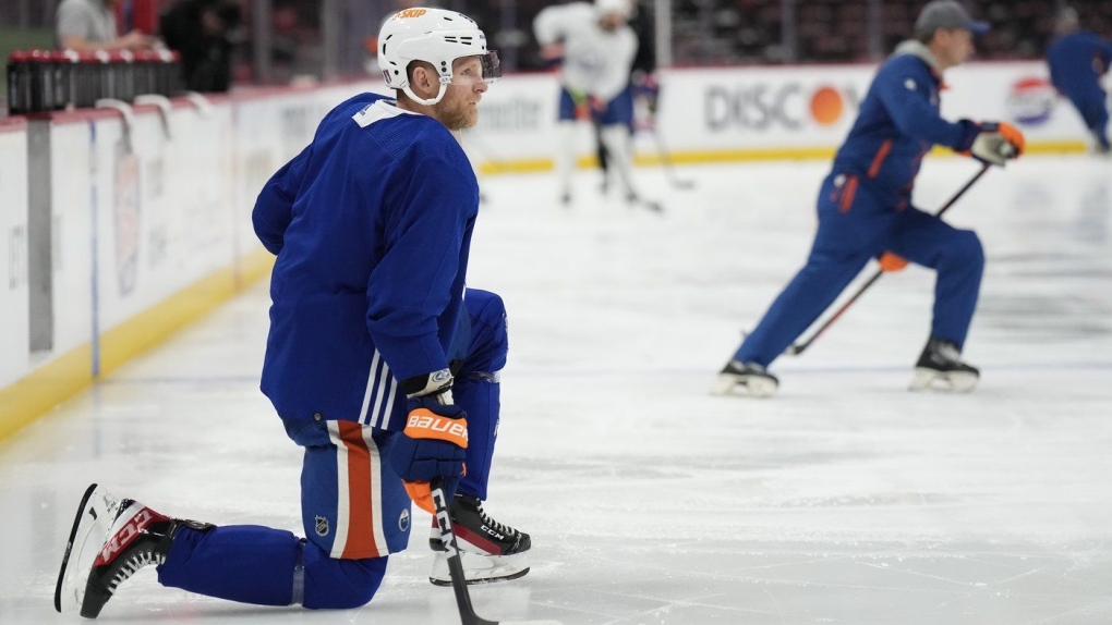 Edmonton Oilers forward Corey Perry during team practice on June 23, 2024, in Sunrise, Fla., the day before he and his teammates take on the Florida Panthers in Game 7 of the Stanley Cup Final. (Nathan Denette/The Canadian Press)