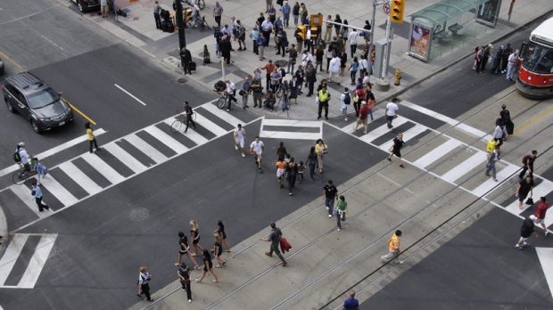 Toronto's first experimental "pedestrian scramble" intersection was unveiled at one of the city's busiest intersections -- Yonge and Dundas streets -- on Thursday, Aug. 28, 2008. (THE CANADIAN PRESS/Patrick Dell)