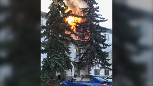 Apartment fire, flames